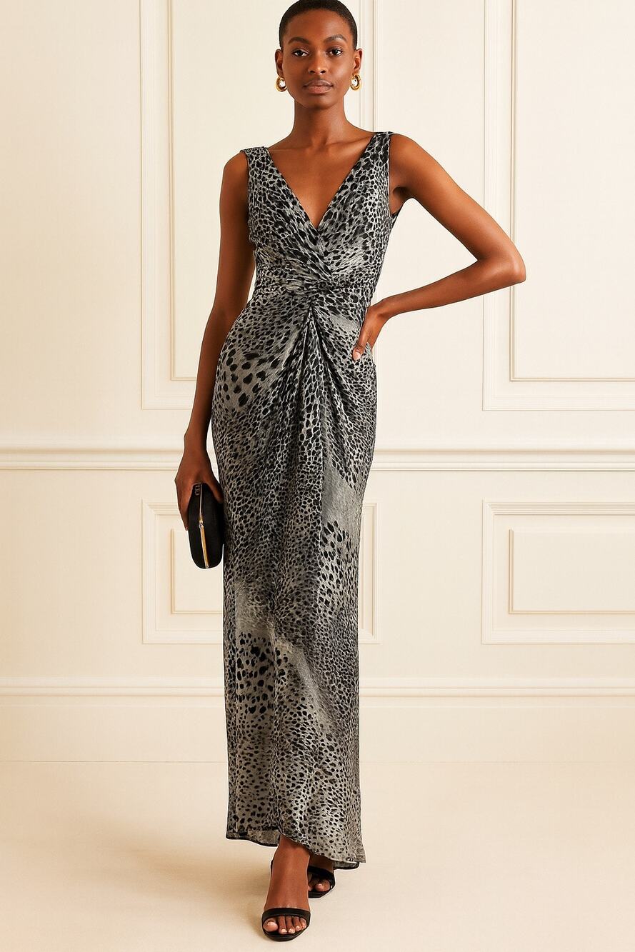 Tadashi Shoji Silk Maxi Dress Size 6 Mermaid Leopard Print V-neck Formal Evening
